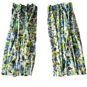 Vintage Pinch Pleat MCM Floral Drapes Curtains Set 34" x 48" Each Green & Blue